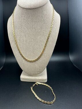 Vintage Korea 14KGP Gold Plated Necklace Bracelet Set Textured Chain